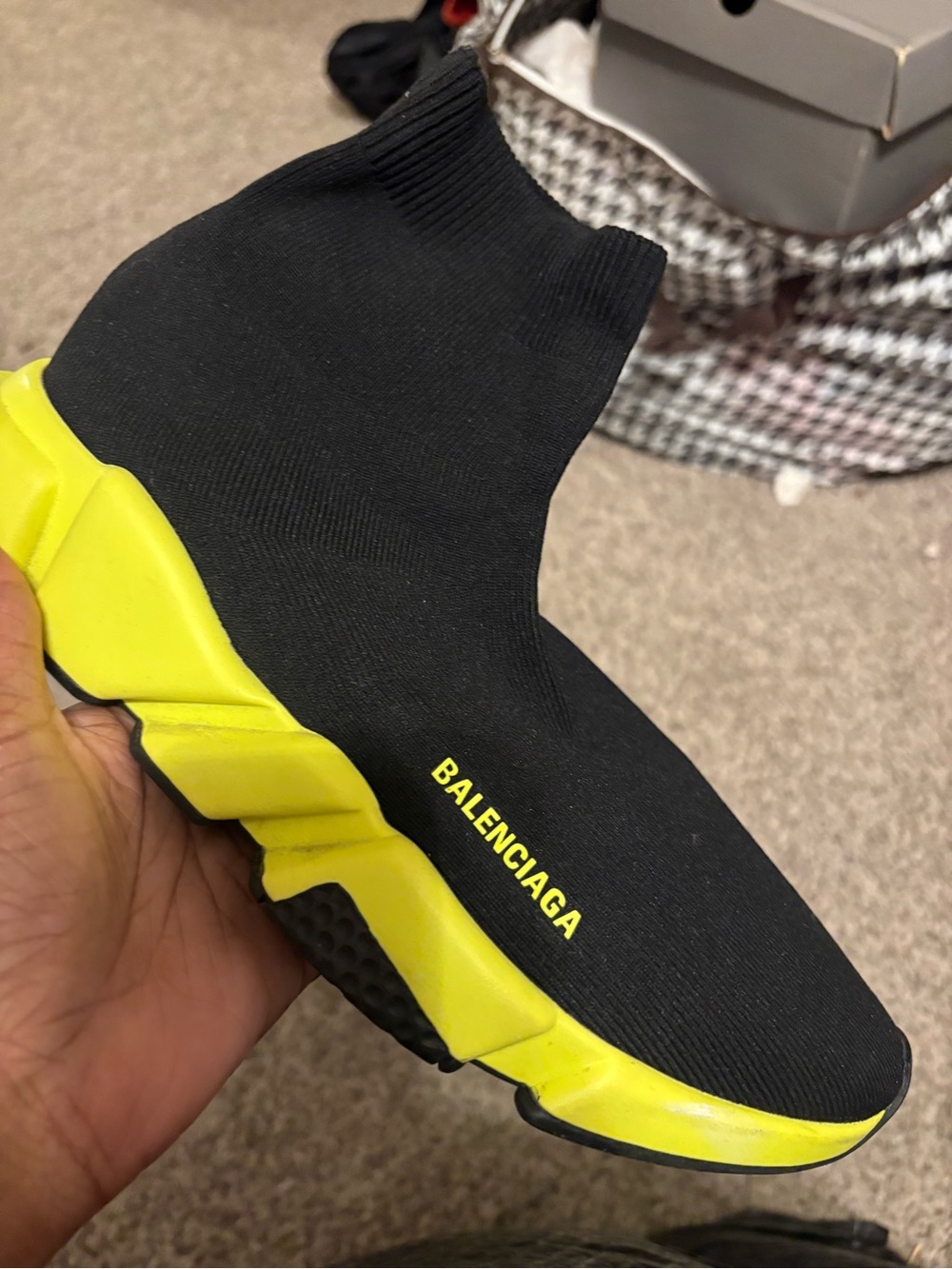 Balenciaga Black Knit Sock Sneaker with Neon Yellow Sole